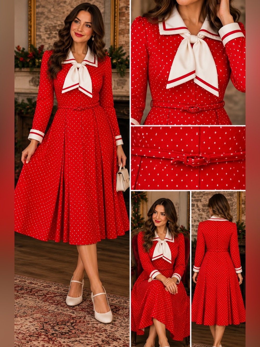 Vintage 60s Lady Mendel Red & Ivory Sailor Collar Midi Dress Polka Dot